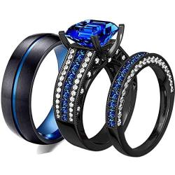 ringheart 2 Rings Luxury Couple Rings Black Gold Filled Princess Cut Blue Cz Womens Wedding Ring Sets Man Tungsten Wedding Band (Please Buy Two Rings for one Pair)