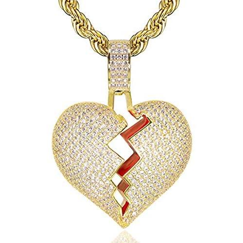 Senteria Hip Hop Iced-Out Men Necklace Rapper 18K Gold Plated CZ Fully Bling Bubble Broken Heart Pendant Necklace Chain for Men Women Fashion Jewelry Gifts