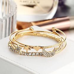 Adjustable Star and Moon Rhinestone Bracelets Set, Celestial Symbols Heart Stackable Open Cuff Cubic Zircon Bracelet Jewelry for Women Teen Girls