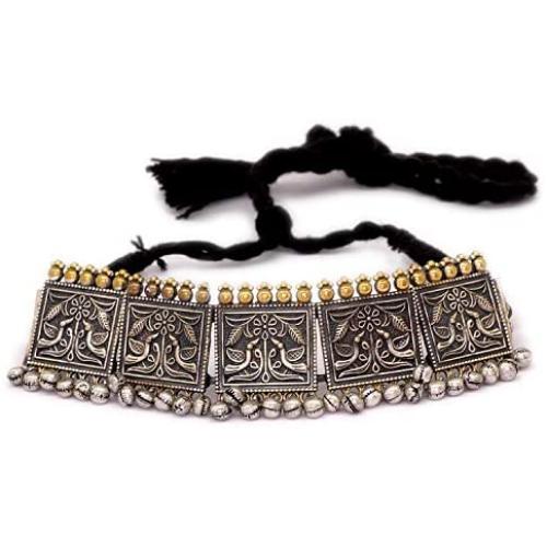 Aheli Vintage Bohemian Indian Oxidized Peacock Design Crafted Necklace Ethnic Antique Tribal Fashion Statement Tribal Jewelry for Women Girls