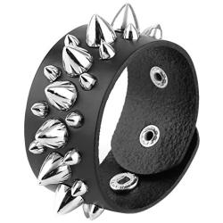 HZMAN Unisex Black Metal Spike Studded Punk Rock Biker Wide Strap Leather Bracelet