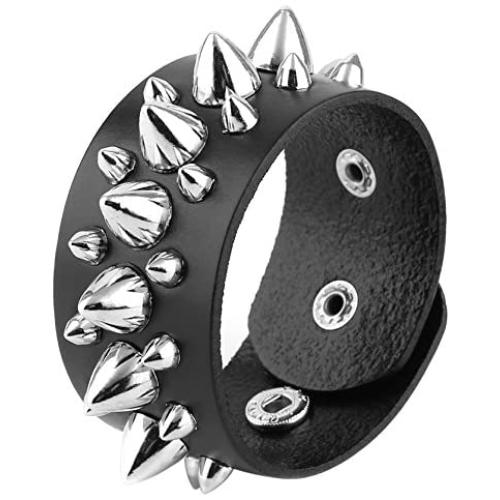 HZMAN Unisex Black Metal Spike Studded Punk Rock Biker Wide Strap Leather Bracelet