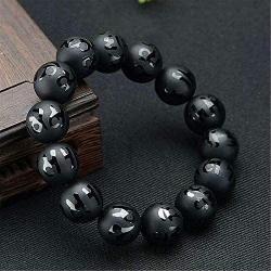 Genuine Natural Black Obsidian Gemstone Six Word Round Bead Bracelet 16mm AAAA