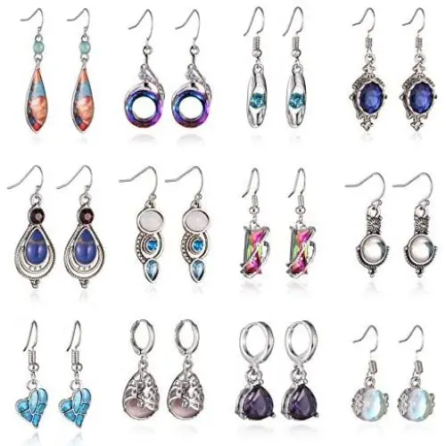 RWQIAN 12 Pairs Crystal Dangle Earring for Women Girls Boho Teardrop Moonstone Vintage Hoop Hook Drop Earring Jewelry Set Gifts RWQIAN 12 Pairs Crystal Dangle Earring for Women Girls Boho Teardrop Moonstone Vintage Hoop Hook Drop Earring Jewelry Set Gifts