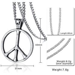 HUANIAN Stainless Steel Classic Peace Sign Love Hippie Pendant Necklace, 24 inch Chain