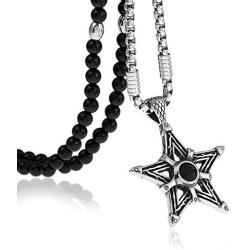 BLEUM CADE Star Wiccan Witch Magical Power Pentagram Pendant Necklace with Black Agate Stone Chain 26''