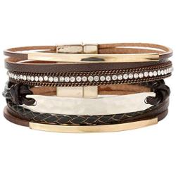 YOOCOOL Multi-Layer Handmade Leather Bracelet Braided Wrap Cuff Bangle with Alloy Magnetic Clasp Beaded Wrist Bracelets Jewelry for Women Gift