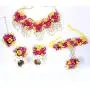 SANARA Indian Flower Bridal Necklace Earring Tikka Set with Hath Phool Women Traditional Mehendi Necklace Gota Jewelry Pink & Red Rose Flower Gota Patti Jewelry Set