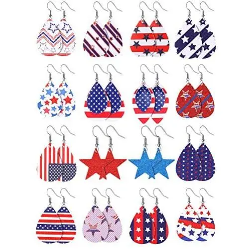 16 Pairs American Flag Faux Leather Earrings Stars Stripes Teardrop Earrings Patriotic Jewelry Accessory