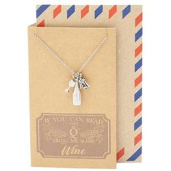 Quan Jewelry Wine Glass Pendant Necklace, Bartender Charms, Gifts for Drinkers and Wine Lovers, Stainless Steel, with Handmade Quote Card