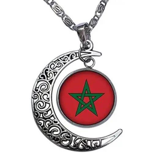 GiftJewelryShop Morocco Flag Crescent Moon Galactic Universe Glass Cabochon Pendant Necklace GiftJewelryShop Morocco Flag Crescent Moon Galactic Universe Glass Cabochon Pendant Necklace