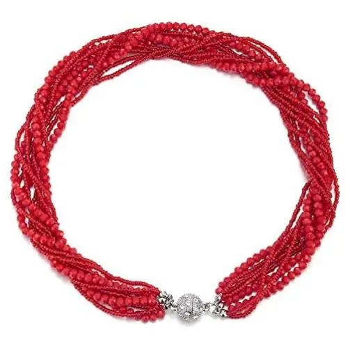 COOLSTEELANDBEYOND Red Statement Necklace Multi-Layer Beads Crystal Braided Chain Choker Collar Magnetic Clasp Party