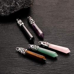 KWHY Healing Crystal Necklace for Women Men Hexagonal Natural Quartz Stone Pendant Gemstones Jewelry Pendulum Crystal Divination with Two Different Chains
