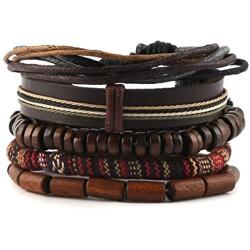HZMAN Wrap Bracelets Men Women, Hemp Cords Wood Beads Ethnic Tribal Bracelets, Leather Wristbands