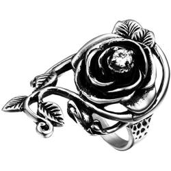 Flongo Womens Ladies Gothic Stainless Steel Vintage Big Rose Flower Vine Band Ring