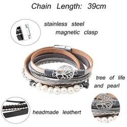 LOYALLOOK 2Pcs Leather Wrap Cuff Bracelet Women Multilayer Tree Wristband Bracelet Magnetic Buckle Boho Bracelet Bangle Jewelry for Mother Friends