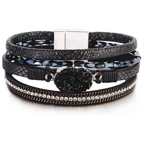 FANCY SHINY Leather Wrap Bracelet Boho Cuff Bracelets Crystal Bead Bracelet with Magnetic Clasp Jewelry Gifts for Women Teen Girls FANCY SHINY Leather Wrap Bracelet Boho Cuff Bracelets Crystal Bead Bracelet with Magnetic Clasp Jewelry Gifts for Women Teen Girls