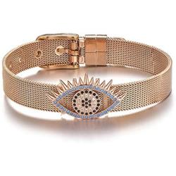 Hynsin Blue CZ Zircon Evil Eye Charm Bracelet Stainless Steel Bracelets & Bangles for Women Mesh Buckle Wrist Jewelry