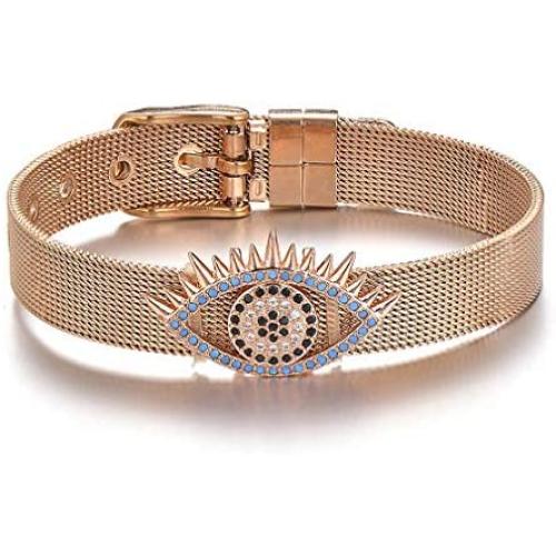 Hynsin Blue CZ Zircon Evil Eye Charm Bracelet Stainless Steel Bracelets & Bangles for Women Mesh Buckle Wrist Jewelry