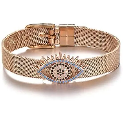 Hynsin Blue CZ Zircon Evil Eye Charm Bracelet Stainless Steel Bracelets & Bangles for Women Mesh Buckle Wrist Jewelry Hynsin Blue CZ Zircon Evil Eye Charm Bracelet Stainless Steel Bracelets & Bangles for Women Mesh Buckle Wrist Jewelry