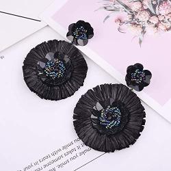 Nicole Miller New York Black Large Flower Floral with Metallic Dark Center Beads Dangle Earrings