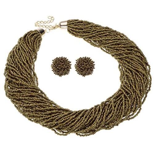 Fashion Multilayer Seed Bead Chain Choker Collar Necklace Earrings Set Cluster Strand Handmade Bib Statement Necklace