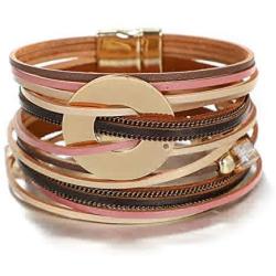 KSQS Multi-Layer Leather Wrap Cuff Bracelet, Boho Wide Braided Buckle Bracelets for Women, Waterproof Leather Wristband Bangles