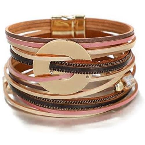 KSQS Multi-Layer Leather Wrap Cuff Bracelet, Boho Wide Braided Buckle Bracelets for Women, Waterproof Leather Wristband Bangles
