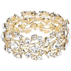 EVER FAITH Bridal Floral Leaf Elastic Bracelet Clear Austrian Crystal