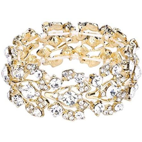 EVER FAITH Bridal Floral Leaf Elastic Bracelet Clear Austrian Crystal