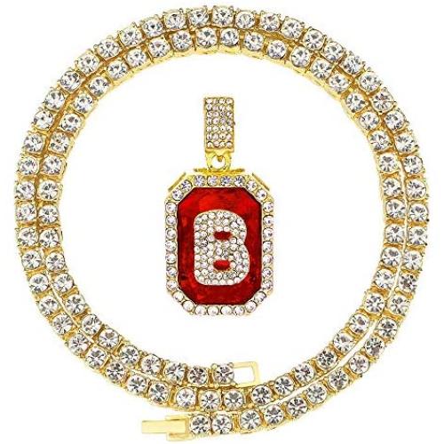 HH Bling Empire Hip Hop Iced Out Gold Ruby Letter Pendant Chains for Men Women with Diamond Tennis in Initials A to Z