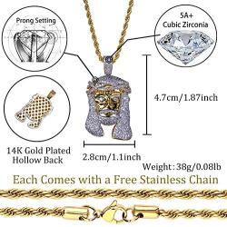 TOPGRILLZ Men 14K Gold Plated Iced Out CZ Simulated Diamond Crown Jesus Piece Pendant Necklace