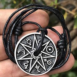 Magic Pagan Jewelry 2 sided Septagram 7 Pointed Fairy Star Heptagram Silver Pewter Unisex Pendant Necklace Money Luck Lucky Charm Protection Amulet Wicca Safe travel Talisman w Black Adjustable Cord