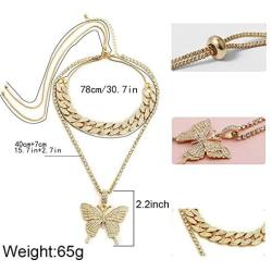 Cinsionze Big Butterfly Pendant Necklace Tennis Link Choker Rhinestone Cubic Zircon Embedded Cuban Chains Necklace Dual Layers Valentine Gifts for Women Girls