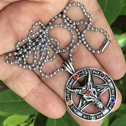 Inverted Pentagram Pentacle Star Church Of Satan Jewelry Sigil of Baphomet Devil Laveyan Lucifer Sabbtic Satanic Red Orange Purple Blue Green Yellow Infinity Stone Color Crystal Pewter Mens Pendant Necklace Charm Amulet Medallion with Silver Ball Chain fo