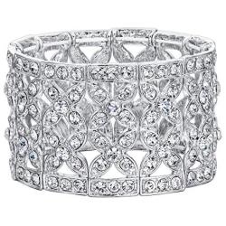 EVER FAITH Womens Austrian Crystal Elegant 2 Layers Hollow-Out Bridal Flower Leaf Stretch Bracelet