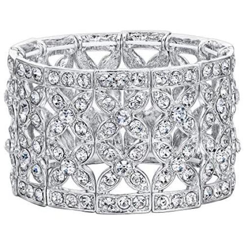 EVER FAITH Womens Austrian Crystal Elegant 2 Layers Hollow-Out Bridal Flower Leaf Stretch Bracelet