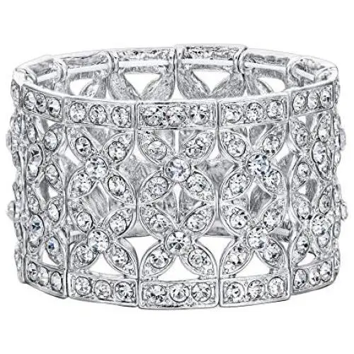 EVER FAITH Womens Austrian Crystal Elegant 2 Layers Hollow-Out Bridal Flower Leaf Stretch Bracelet EVER FAITH Womens Austrian Crystal Elegant 2 Layers Hollow-Out Bridal Flower Leaf Stretch Bracelet