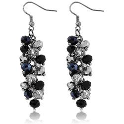 Gem Stone King 2inches Black and Silver Cluster Faceted Crystal Dangle Hook Earrings For Women