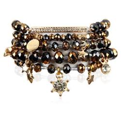 RIAH FASHION Bohemian Multi-Layer Beaded Pendant Statement Stretch Strand Bracelet - Sparkly Bead Tassel Pom Pom Star Charm Stack Cuff Bangles