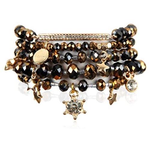 RIAH FASHION Bohemian Multi-Layer Beaded Pendant Statement Stretch Strand Bracelet - Sparkly Bead Tassel Pom Pom Star Charm Stack Cuff Bangles