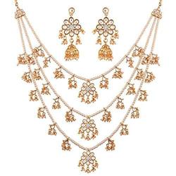 Aheli Ethnic Layered Faux Pearl Kundan Necklace Earring Set Indian Traditional Rani Har Wedding Bollywood Party Jewelry for Women