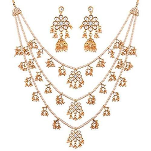 Aheli Ethnic Layered Faux Pearl Kundan Necklace Earring Set Indian Traditional Rani Har Wedding Bollywood Party Jewelry for Women