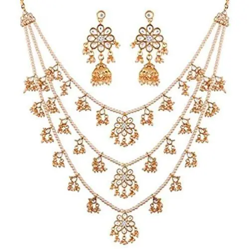 Aheli Ethnic Layered Faux Pearl Kundan Necklace Earring Set Indian Traditional Rani Har Wedding Bollywood Party Jewelry for Women Aheli Ethnic Layered Faux Pearl Kundan Necklace Earring Set Indian Traditional Rani Har Wedding Bollywood Party Jewelry for Women