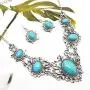 Turquoise Necklace Earrings Sets Bohemian Bib Pendant Costume Jewelry Fashion Geometric Flower Chain for Women and Girls Gift Christmas Thanksgiving