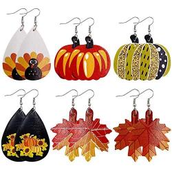 6Pairs Autumn Pumpkin Maple Leaf Sunflower Thanksgiving Day Food Vegetables Turkey Leather Drop Earrings for Women Girls Fall Festival Jewelry