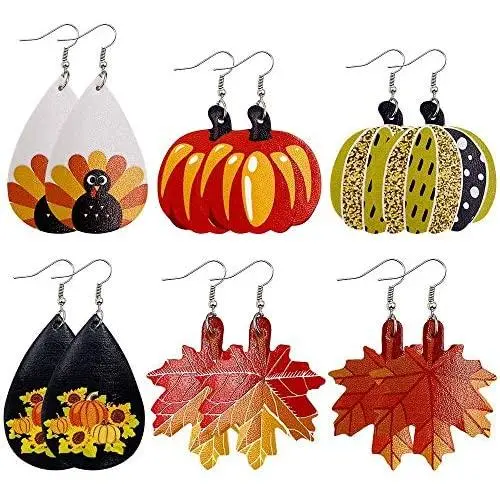 6Pairs Autumn Pumpkin Maple Leaf Sunflower Thanksgiving Day Food Vegetables Turkey Leather Drop Earrings for Women Girls Fall Festival Jewelry 6Pairs Autumn Pumpkin Maple Leaf Sunflower Thanksgiving Day Food Vegetables Turkey Leather Drop Earrings for Women Girls Fall Festival Jewelry
