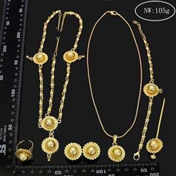 Yulaili Womens Ethiopian Necklace Eritrean Wedding Costume Gold Bridal African Traditional Jewellery Hairpin Forehead Hair Pieces