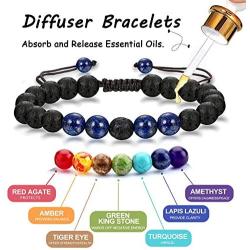 CASSIECA 14 Pcs Lava Rock Chakra Stone Essential Oil Diffuser Bracelets Adjustable Yoga Bead Bracelet Set for Women Men Braided Rope Natural Meditation Colorful Tiger Eye Amethyst Turquoise Amber