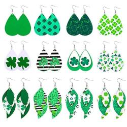 St.Patrick’s Day Faux Leather Earrings Bulk Green Teardrop Earring Lightweight Glitter Hat Drop Earring Layered Leaf Dangle Earring Jewelry Gifts for Women Girls